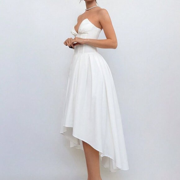 White Elegant Women's Asymmetric Hemline Strap Top Breast Cup Midi Dress - Picture 5 of 5